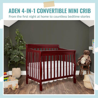 Aden 4-in-1 Convertible Mini Crib In Cherry, Greenguard Gold Certified, Non-Toxic Finish, New Zealand Pinewood, With 3 Mattress Height Settings