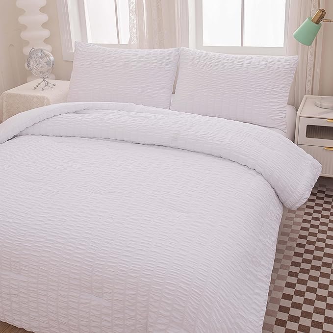 Seersucker Light White Bed Comforter Sets Queen Size for Women Boho White Seersucker Bedding Set 5 Pieces-Microfiber Lightweight Soft Bed Set for All Season,Queen
