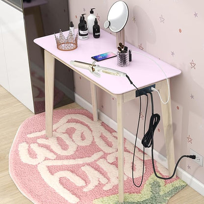 TaoHFE Pink Vanity Table with Rubber Wood Legs Small Spaces Girl Vanity Desk Glossy Pink 39 Inch Makeup Desk with USB Dressing Table No Mirror Computer Desk for Home Modern Vanity Desk for Bedroom
