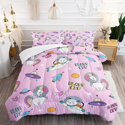 Kawaii unicorn Cat Comforter Set 3 Pieces Universe Galaxy Outer Space Bedding Set Astronaut Rocket Bed Quilt Set for Girls Boys Kids Pink