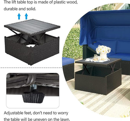 Patio Rectangle Daybed with Retractable Canopy and Lift Up Side Table, PE Rattan Wicker Outdoor Furniture Sectional Sofa Set Sunbed w/Ottoman for Garden, Onesize, Grey Rattan&Blue Cushions