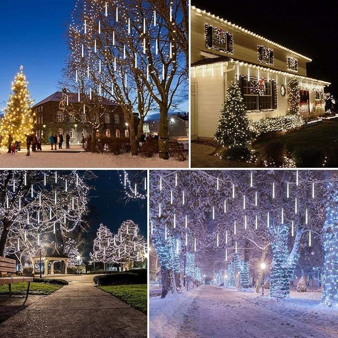 Christmas Lights Outdoor UL Certified Meteor Shower Lights 12Inch 8Tubes 192LED Falling Rain Drop Lights Icicle Snow Cascading Xmas Lights for Tree Wedding Party Garden Decoration,White