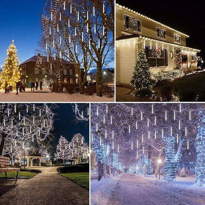 Christmas Lights Outdoor UL Certified Meteor Shower Lights 12Inch 8Tubes 192LED Falling Rain Drop Lights Icicle Snow Cascading Xmas Lights for Tree Wedding Party Garden Decoration,White