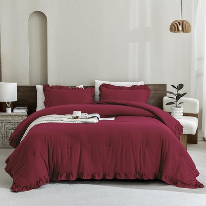 Andency Burgundy Twin Size Comforter Set for Kids Girls, 2 Pieces Solid Shabby Chic Ruffle Bedding Comforters & Sets, Soft Cozy Lightweight Down Alternative Twin Bed Set for All Season