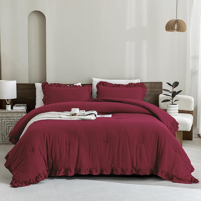 Andency Burgundy Comforter Set King, 3 Pieces Farmhouse Shabby Chic Ruffle Comforter, Lightweight Fluffy Soft Microfiber All Season Solid Bed Comforter Set (1 Ruffle Comforter & 2 Pillowcases)