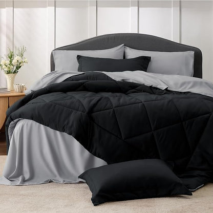 Bedsure Black Comforter Set Queen - 7 Pieces Reversible Black Bed in a Bag with Comforters, Sheets, Pillowcases & Shams, Queen Black Bed Set