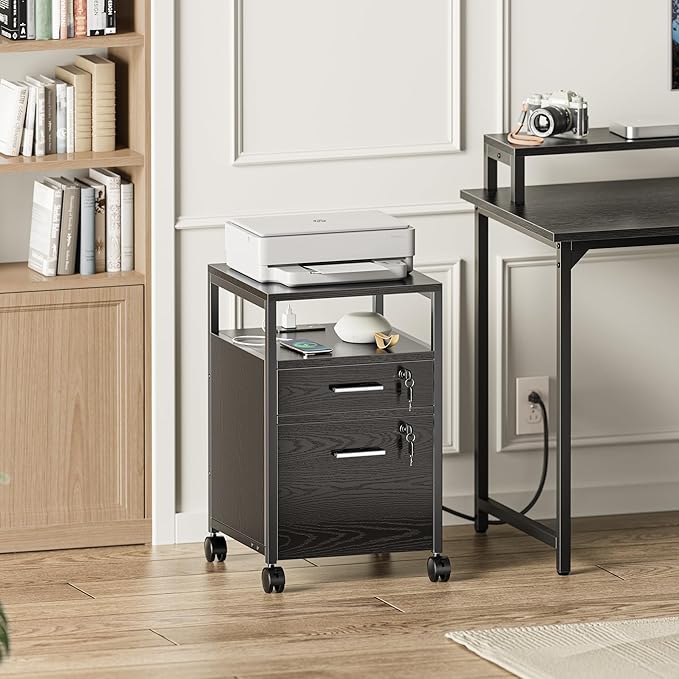 SUPERJARE File Cabinet with Lock & Charging Station, 2 Drawers Rolling Filing Cabinet, Office File Cabinet with Wheels & Open Shelf, for Home Office, A4/Letter Size Files Under Desk - Black