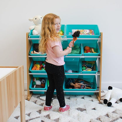Humble Crew, Natural Wood/Aqua 12 Bin Toy Storage Organizer