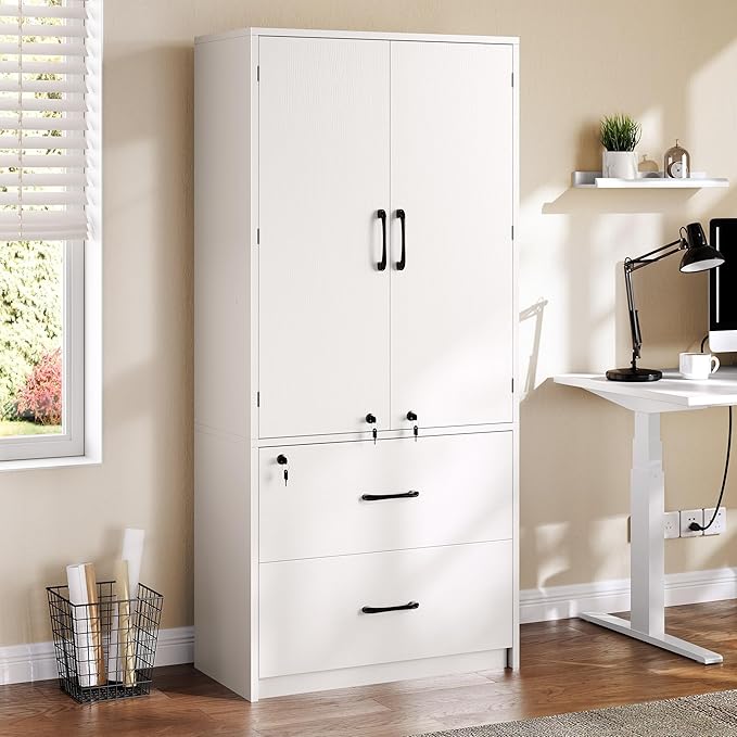 YITAHOME Wood File Cabinets, Heavy Duty Garage Tool Cabinets with Doors & Adjustable Shelves, Big Storage Filing Lockers for Home Office, Living Room, Pantry, Gym, Basement, Warehouse, White