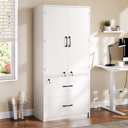 YITAHOME Wood File Cabinets, Heavy Duty Garage Tool Cabinets with Doors & Adjustable Shelves, Big Storage Filing Lockers for Home Office, Living Room, Pantry, Gym, Basement, Warehouse, White