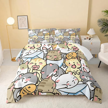 Kawaii Cat Comforter Twin Size,Cute Cat Comforter Set for Kids Teens Girls,3Pcs Bedding Set Printed Comforter with 2 Pillowcases,Down Alternative,Soft and Lightweight，Twin Size