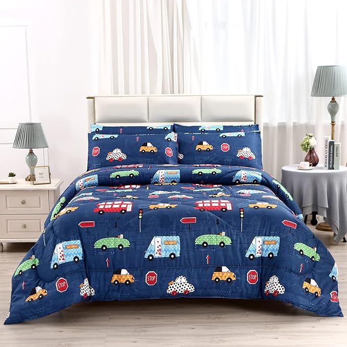 MAG 3Pcs Cartoon Car Bedding Comforter Set, Blue Cute Base Full/Queen Comforter Set,for Toddlers Kids,Boys Teens and Girls,Super Soft Microfiber, Full/Queen Size