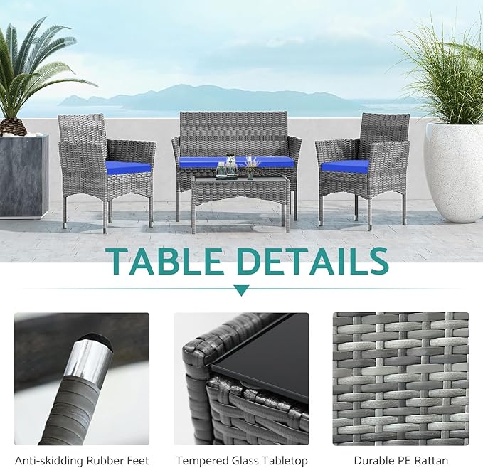Patio Furniture, 4 Piece Conversation Set, Outdoor Wicker Rattan Table and Chairs, Sectional Sofa with Thick Cushion for Garden, Yard, or Porch, Light Grey