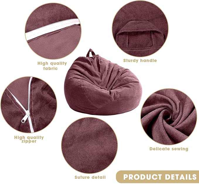 2 Pcs Bean Bag Cover Stuffed Animal Storage Bean Bag Chair Cover Soft Corduroy Stuffed Animal Bean Bag Storage for Kids Adults Indoor Bedroom Organizing Plush Toys (Pink Purple,200l)
