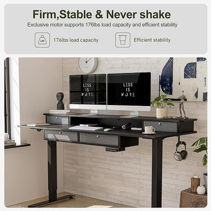 BANTI Height Adjustable Electric Standing Desk with 4 Drawers, 48 x 24 Inch Table with Storage Shelf, Sit Stand Desk, Black Top