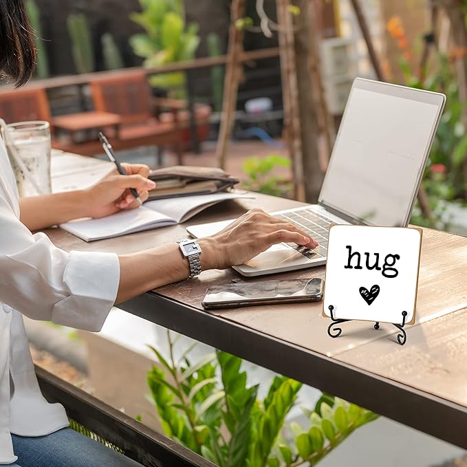 Hug - Home Office Desk Decor Wood Plaque with Stand, Love You Gifts, Thinking of You Gifts for Women Friends Girlfriend Boyfriend Mom Sisters - A01