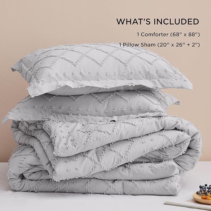 Bedsure Twin/Twin XL Comforter Set - Light Grey Boho Twin Extra Long Comforter Set for College, Shabby Chic Dorm Bedding Set, 2 Pieces Modern Farmhouse Bed Set, includes 1 Pillow Sham