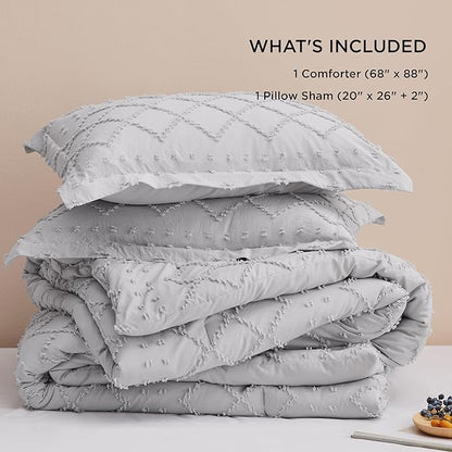 Bedsure Twin/Twin XL Comforter Set - Light Grey Boho Twin Extra Long Comforter Set for College, Shabby Chic Dorm Bedding Set, 2 Pieces Modern Farmhouse Bed Set, includes 1 Pillow Sham