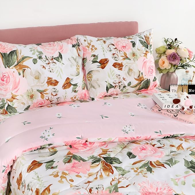 DILIMI King Size Comforter Set, 3 Pieces King Comforter Set, Reversible Pink Floral Comforter King Size, Ultra Soft and Fluffy Bedding Comforter Sets with Comforter, 2 Pillowcase
