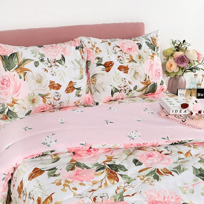 DILIMI King Size Comforter Set, 3 Pieces King Comforter Set, Reversible Pink Floral Comforter King Size, Ultra Soft and Fluffy Bedding Comforter Sets with Comforter, 2 Pillowcase