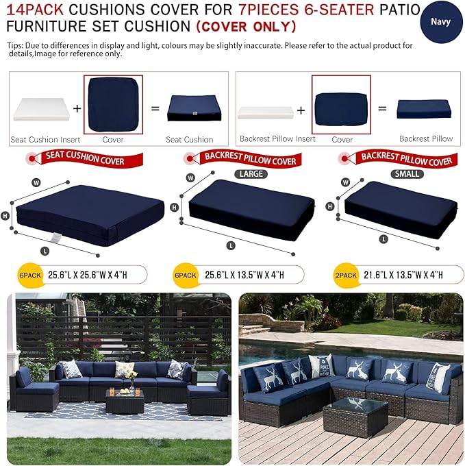 ClawsCover 14Pack Outdoor Patio Seat and Back Cushions Replacement Covers Fit for 7Pieces 6-Seater Wicker Rattan Sectional Couch Chair Furniture Set,Navy-Include Cover Only (Large)