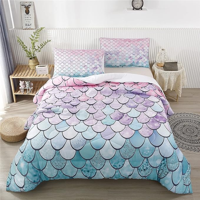 RYNGHIPY 2Pcs Colorful Mermaid Scale Print Comforter Bedding Set Twin Size, Soft Microfiber Coverlet Set/Bedspread/Quilt Set with Colorful Scale Design (Mermaid,Twin)