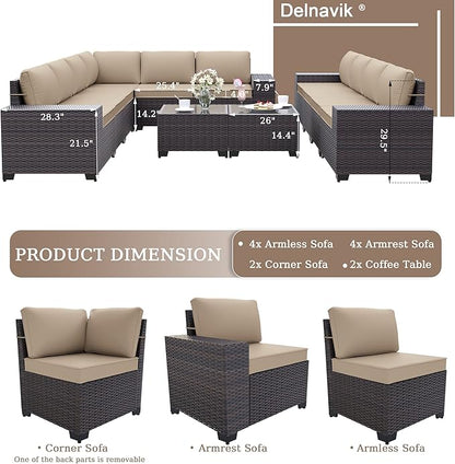 Patio Furniture Set Sofa 12-Pieces Wicker Sectional Sofa Set, Outdoor Furniture Rattan Patio Conversation Set with Thickened Cushions and Glass Coffee Table, Sand