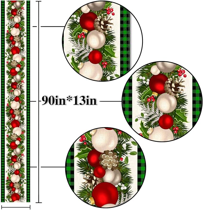 Nepnuser Black and Green Buffalo Check Plaid Christmas Table Runner 90 Inches Long Gingham Xmas Decoration Holiday Home Kitchen Decor