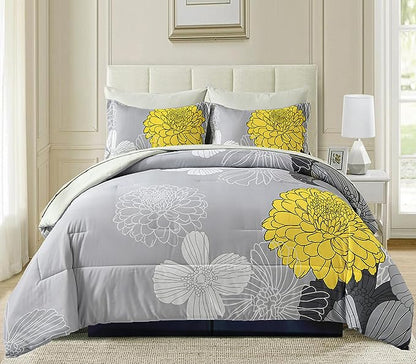 7 Pieces Bed in a Bag Comforter Set Yellow Floral Comforter Flowers Soft Microfiber Bedding Set King Size (1 Comforter 1 Flat Sheet 1 Fitted Sheet 2 Pillowshams 2 Pillowcases)