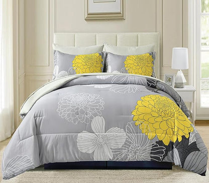 7 Pieces Bed in a Bag Yellow Floral Comforter Set Flowers Comforter Sets Soft Microfiber Bedding Set Queen Size (1 Comforter 1 Flat Sheet 1 Fitted Sheet 2 Pillowshams 2 Pillowcases)