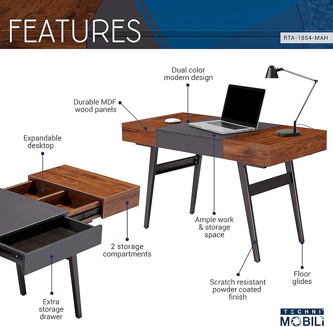Techni Mobili Expandable Modern Storage Writing Desk, Mahogany