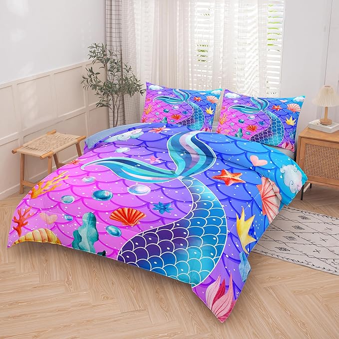 NINENINE Mermaid Tail Bedding Sets for Teens Girls,Purple Princess Comforter Sets Girls,Blue Glitter Bedding Sets,Sparkly Fish Scales Comforter Sets with 1 Comforter 2Pillowcases
