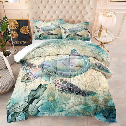 CVHOUSE Sea Turtle Comforter Set,Ocean Sea Turtle Bedding Set for Kids Teens,Ocean Sea Turtle Comforter Sea Turtle Duvet Set Room Decor Quilt Set Queen Size