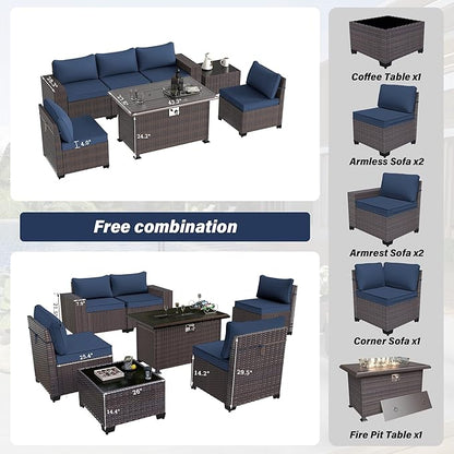 Patio Furniture Sectional Sofa Set 7-Pieces PE Rattan Patio Conversation Set w/43in Gas Fire Pit Table, Outdoor Furniture with 55000 BTU Propane Fire Pit, Navy Blue