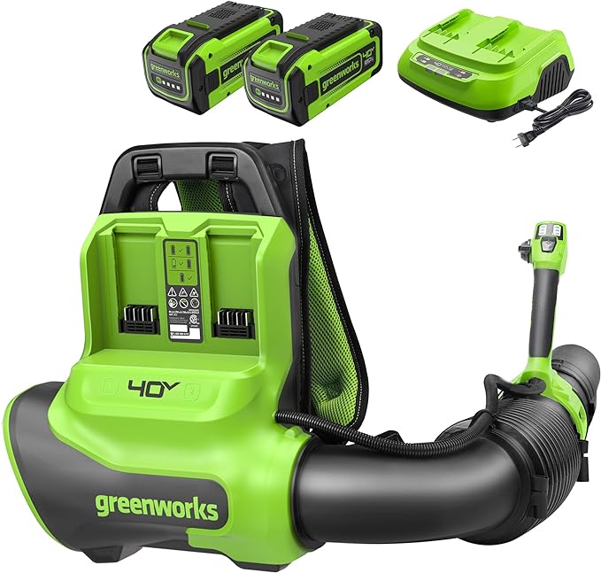 Greenworks 40V (175 MPH / 710 CFM) Dual Port Cordless Brushless Backpack Leaf Blower, (2) 8.0Ah Battery and Charger Included