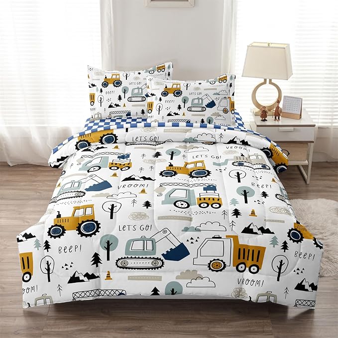 5-Pcs Construction Full Size Boys Bedding Set, Kids Comforter Set for Teens w/Sheets and Pillowcase, Soft Cartoon Tractor Cars Bed in a Bag Sets