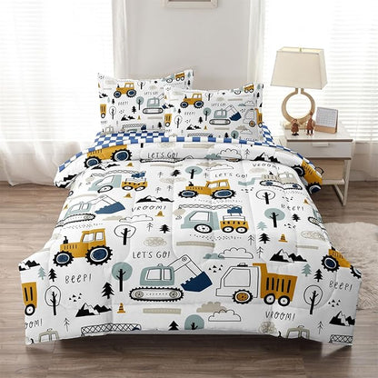 5-Pcs Construction Full Size Boys Bedding Set, Kids Comforter Set for Teens w/Sheets and Pillowcase, Soft Cartoon Tractor Cars Bed in a Bag Sets