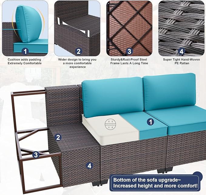 Patio Furniture Set with Fire Pit Table 15 PCS Outdoor Sectional Furniture Outdoor Rattan Patio Conversation Sets with 43in 55,000 BTU Propane Gas Fire Pit Table Glass Table, Blue