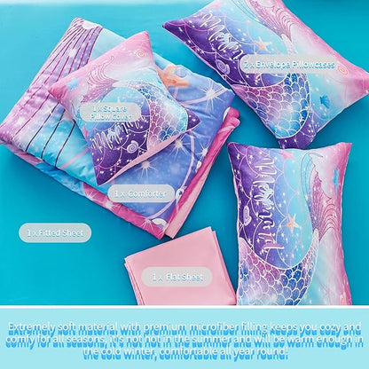 RYNGHIPY Mermaid Comforter Set 6Pcs, Kids Gilrs Bed in a Bag Queen Size, Mermaid Tail Print Teens Girls Bedding Set, Rainbow Bedding Collections