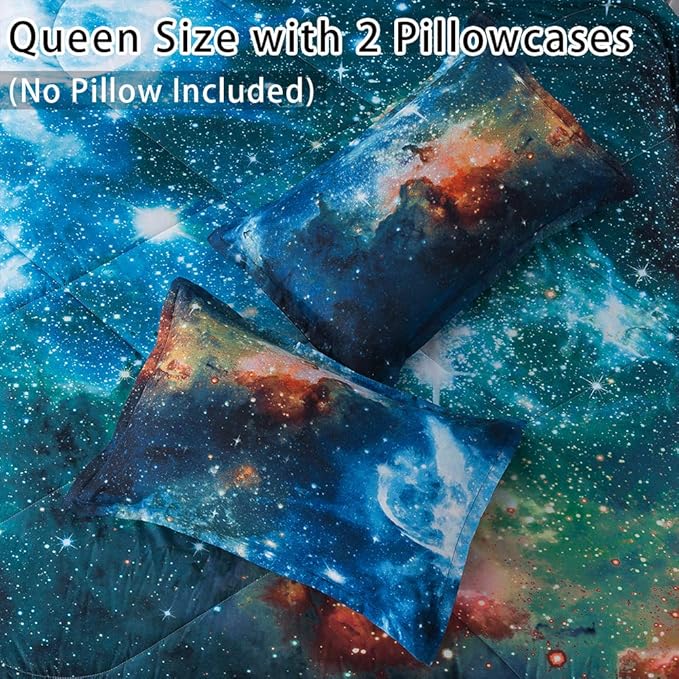 Litanika 3D Galaxy Comforter Queen(90x90lnch), 3 Pieces(1 Galaxy Comforter, 2 Pillowcases), Universe Nebula Outer Space Comforter, Microfiber Bedding Set for Boys Kids