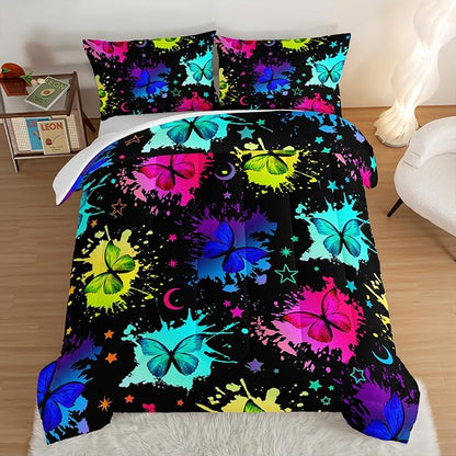 HOSIMA Colorful Butterfly Comforter Set for College Girls and Boys,3Pcs Bedding Set Colorful Ink Print Comforter with 2 Pillowcases,Star Moon Black King Size Comforter Set for All Seasons.