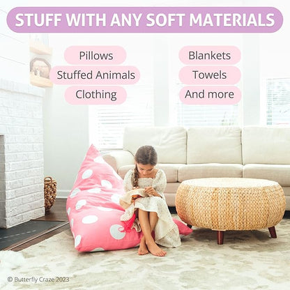 Butterfly Craze Bean Bag Chair Cover, Functional Toddler Toy Organizer, Fill with Stuffed Animals to Create a Jumbo, Comfy Floor Lounger for Boys or Girls, Stuffing Not Included, Light Pink Polka Dots