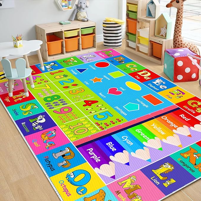 Kids Alphabet Play Game Rug - -4'x6' ABC Numbers and Shapes Educational Learning Toddler Carpet - Kids Room Playroom Classroom Kindergarten Activity Fun Soft Non-Slip Mat