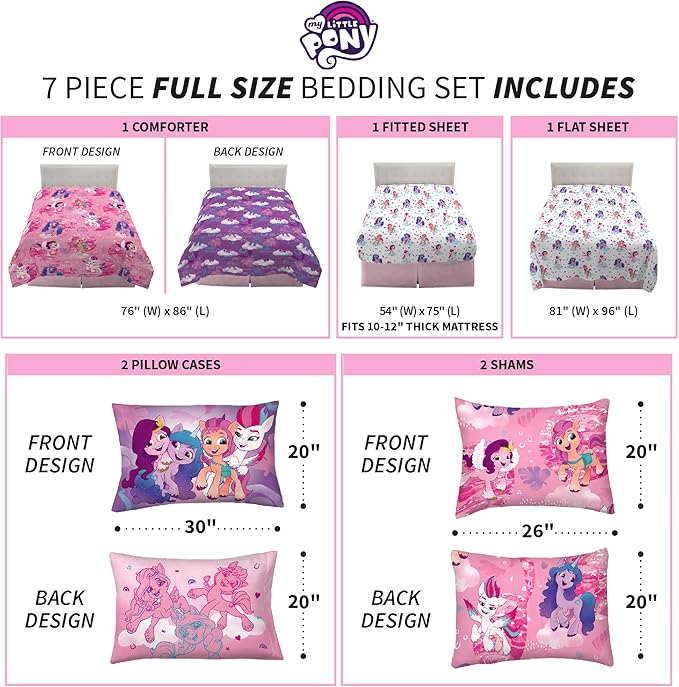 Franco Kids Bedding Super Soft Comforter and Sheet Set with Sham, 7 Piece Full Size, My Little Pony