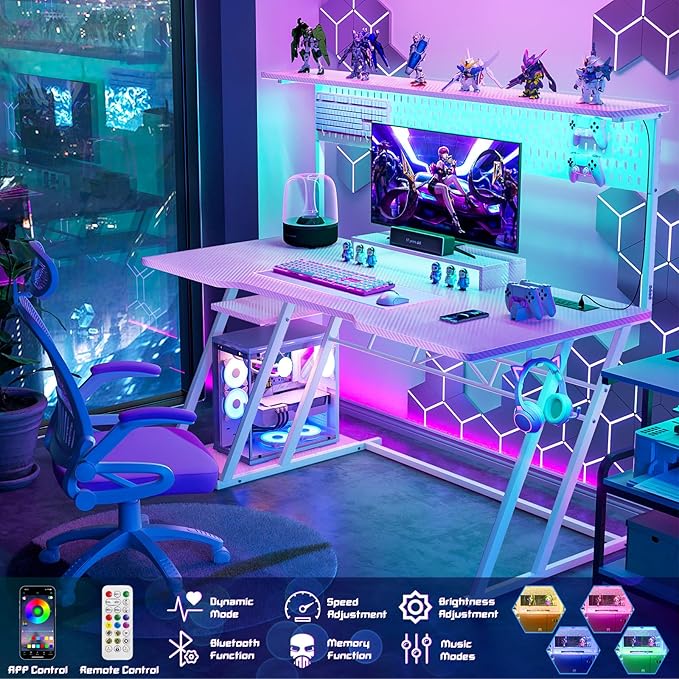 Pink Gaming Desk with Hutch and LED Lights, 55" Computer Desk with Storage Shelves, Reversible PC Gaming Desk with Pegboard, Gaming Table Gamer Desk for Bedroom, Carbon Fiber Pink