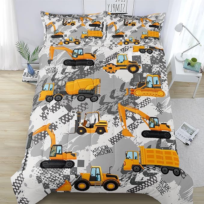 3-Pcs Construction Kids Bedding Set for Boys, Reversible Twin Truck Bed Comforter Set, Cartoon Excavator Car Printed Bedding Sets with Tire Marks