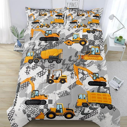 3-Pcs Construction Kids Bedding Set for Boys, Reversible Twin Truck Bed Comforter Set, Cartoon Excavator Car Printed Bedding Sets with Tire Marks