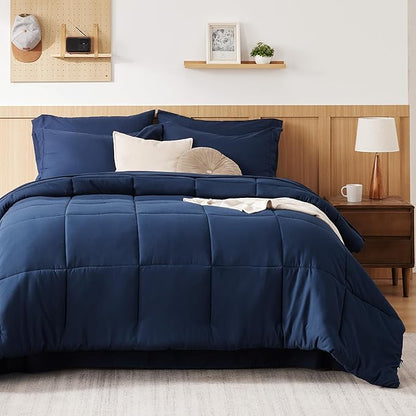 Bedsure Navy King Comforter Set - 7 Pieces Solid King Bed in a Bag, King Bed Set Navy with Quilted Warm Fluffy Comforters, Sheets, Pillowcases & Shams