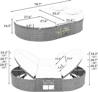Outdoor DayBed Patio 2-Person Rattan Sun Bed Reclining Chaise Lounge with Adjustable Backrests, Foldable Cup Trays and Pillows, for Lawn,Poolside, Beige
