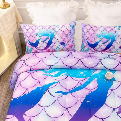 CVHOUSE Mermaid Comforter Set,Rainbow Mermaid Bedding Set for Girls Kids Teens,Rainbow Mermaid Comforter Mermaid Duvet Set Room Decor Quilt Set Full Size